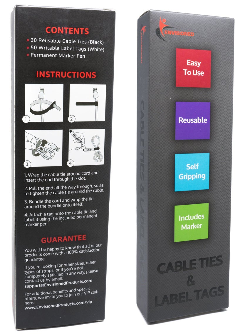 ENVISIONED Cable Tags 1/2" x 2" White Labels Writable 50 Pack Bundled with Bonus Permanent Marker and 30 Reusable Cable Ties 1/2" x 8" - Image 5